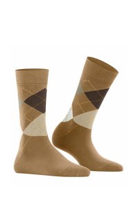 Socks argyle marroni presentano un motivo geometrico nelle tonalità di marrone, beige e azzurro chiaro, con forme a rombo contrastanti.