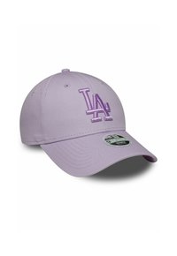 Cappellino da baseball lilla con logo "LA" ricamato in rilievo. Texture liscia con visiera curva e cinturino regolabile.