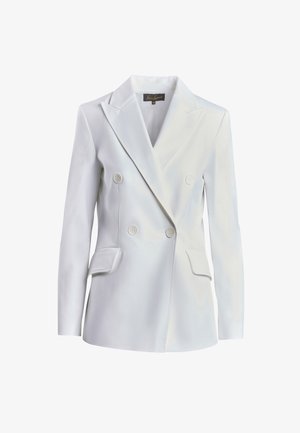 Blazer blanc à double boutonnage en tissu lisse, doté de grands revers, de deux poches à l'avant et de fermetures à boutons.