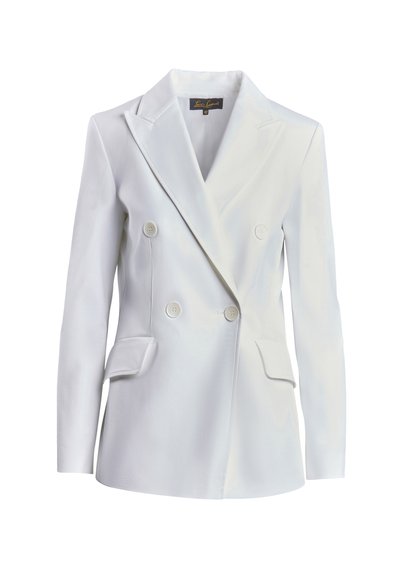 Witte dubbelzijdige blazer van gladde stof met grote revers, twee voorzakken en knoopsluitingen.