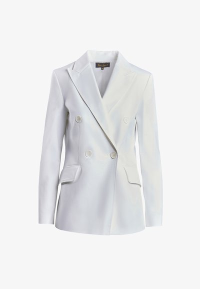 Valkoinen kaksirivinen bleiseri sileästä kankaasta, jossa on suuret kaulukset, kaksi etutaskua ja napit.