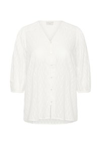 Blouse blanche avec un décolleté en V, des manches bouffantes 3/4 et une fermeture à boutons sur le devant. Motif texturé sur l'ensemble, tissu doux et ourlet arrondi.