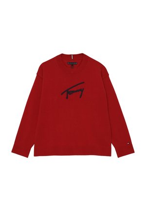 Felpa rossa a maniche lunghe in cotone, con scollo tondo, vestibilità ampia e logo nero ricamato sul davanti. Sfumature sottili sull'orlo.