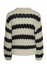 Großer Strickpullover mit einem cremfarbenen Hintergrund und dicken schwarzen Streifen. Verfügt über einen runden Halsausschnitt und gerippte Ärmelabschlüsse.