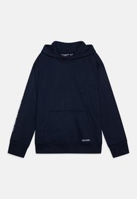 Felpa blu navy realizzata in tessuto morbido, con una grande tasca frontale e polsini a coste. Accenti del logo sulla tasca e sulla manica.