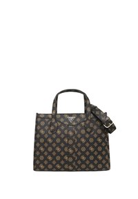 Sac à main synthétique noir avec un motif de logo doré, deux poignées, une bandoulière amovible et un emblème sur le devant. Texture lisse.