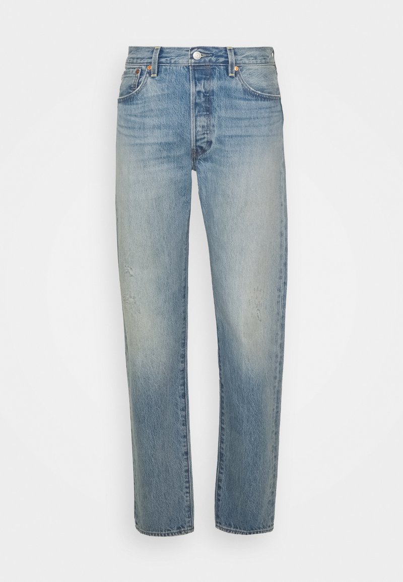 Hellblaue Denim-Jeans mit einem verblassten Finish, geradem Schnitt, fünf Taschen und metallischem Knopfverschluss. Verwaschene Details an den Beinen.
