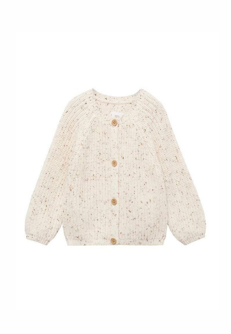 Cardigan en tricot crème avec des éclats multicolores. Présente un col rond, des manches longues et cinq boutons en bois sur le devant.