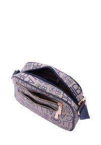 Borsa a tracolla navy in materiale canvas con motivo logo ripetuto. Due scomparti con zip e hardware in tono oro, con una tracolla robusta.