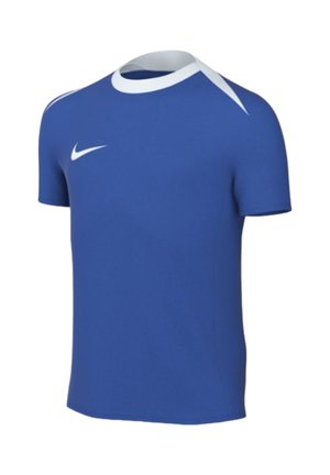 Blaues kurzärmliges Sportshirt mit weißem Kragen und Nike-Logo auf der Brust, dargestellt auf einer unsichtbaren Schaufensterpuppe.