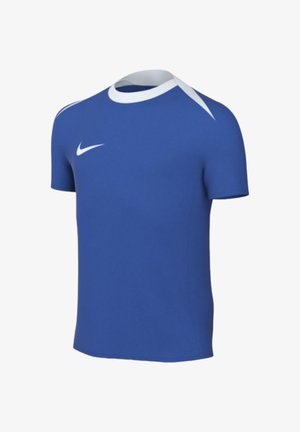Niebieska sportowa koszulka z krótkim rękawem, białym kołnierzykiem i logo Nike na piersi, prezentowana na niewidocznym manekinie.