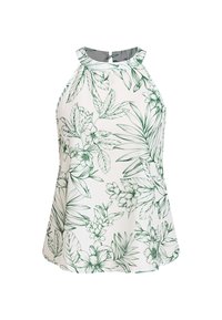 Top halter blanco con patrones florales y de hojas verdes, que presenta un cuello redondo y un diseño fluido. Tela ligera con una textura suave.