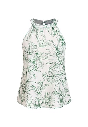Haut à bretelles blanc avec des motifs floraux et de feuilles verts, présentant un col rond et une coupe fluide. Tissu léger avec une texture lisse.