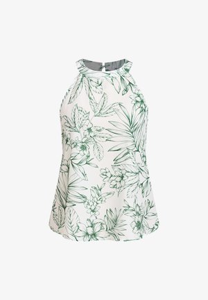 Weißes Haltertop mit grünen Blumen- und Blättermustern, runder Ausschnitt und fließendem Design. Leichter Stoff mit glatter Textur.