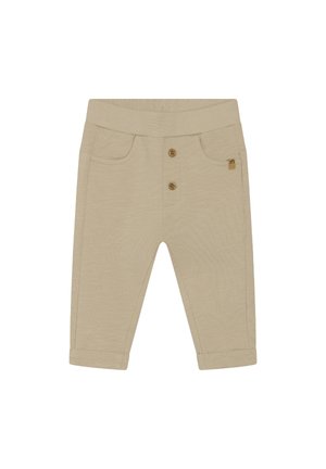Pantaloni beige per bambini in cotone con vita a costine, due tasche frontali e due bottoni decorativi sul davanti. Orli arrotolati sul fondo.