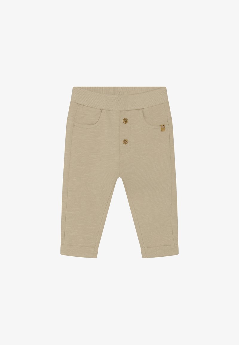 Pantalon beige en coton pour tout-petit avec une ceinture côtelée, deux poches avant et deux boutons décoratifs à l'avant. Revers roulés en bas.
