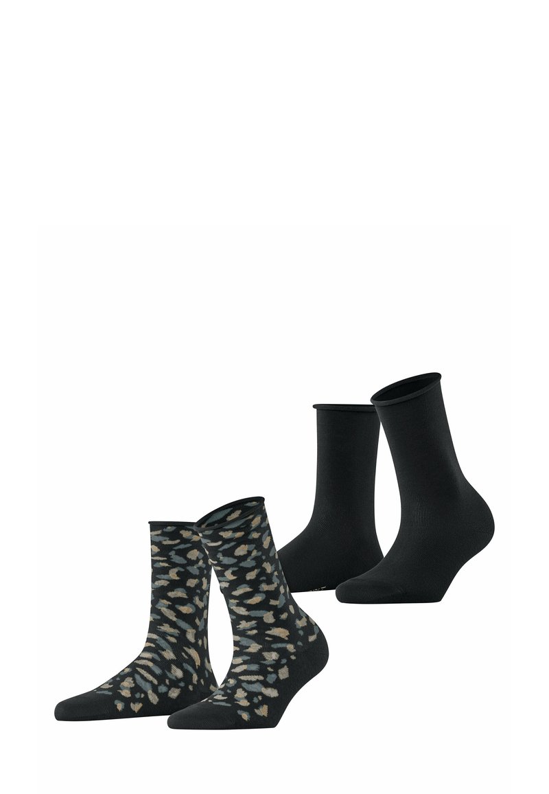 Deux paires de chaussettes : une paire arbore un motif léopard en noir, beige et gris ; l'autre paire est entièrement noire avec une texture lisse.