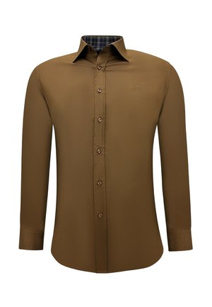 Bruine lange mouwen shirt met een gestructureerde afwerking, knoopsluiting aan de voorkant, en een blauwe ruiten kraagvoering. Bevat een klein geborduurd logo op de borst.