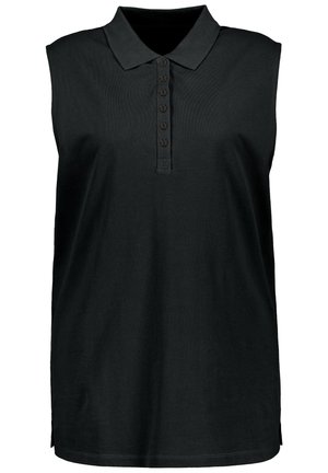 Sort ærmeløs poloshirt med seks-knaps åbning og klassisk krave, der har en lige kant med sideslids.