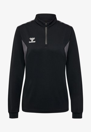 Black Hummel quarter-zip pullover with long sleeves, featuring grey side panels and logo on the chest, made from textured fabric.