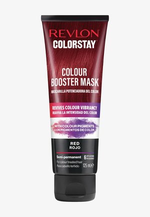 Revlon Colorstay Colour Booster Mask in een tube van 125 ml. Heeft een ontwerp in rood en zwart met vetgedrukte tekst die "Rood" en "Semi-permanent" benadrukt.