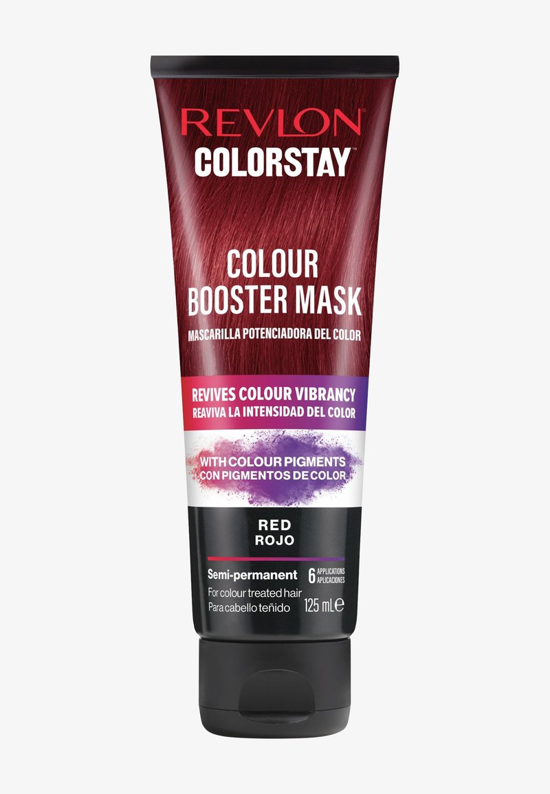 Revlon Colorstay Colour Booster Mask in een tube van 125 ml. Heeft een ontwerp in rood en zwart met vetgedrukte tekst die "Rood" en "Semi-permanent" benadrukt.
