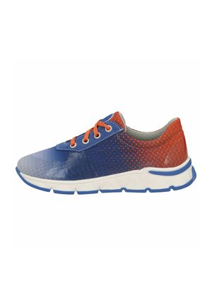 Blue and orange athletic sneaker with white sole and orange laces, designed for casual or sports use.