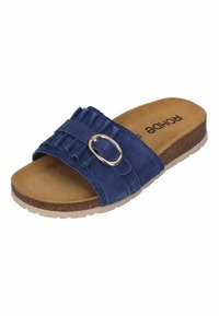 Blue suede slide sandal with ruffled strap and metallic buckle detail. Cork-like midsole and textured outsole for grip.