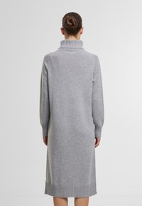 Langes, graues Strickkleid aus weichem Stoff mit hohem Rippkragen, Rippbündchen und Saum. Es hat einen lockeren Schnitt und eine leicht taillierte Form.