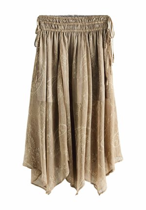 Lysebrun, indsamlet nederdel med paisley-blomstermønster, elastisk taljebånd og sidebindebånd, med asymmetrisk kant.