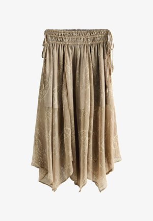 Jasnobrązowa marszczona spódnica z wzorem paisley w kwiaty, elastyczną talią i wiązanymi sznurkami po bokach, z asymetrycznym dołem.