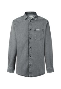 Graues Denimhemd mit langen Ärmeln, durchgehender Knopfleiste, Kragen, Brusttasche und dezenten Ziernähten. Glatte Textur, lässiges Design.