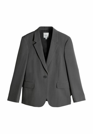 Šedý blazer s klopovými límci, jednotlivým zapínaním na gombík a dvomi prednými vreckami. Vyrobený z hladkej látky, s priliehavým strihom.