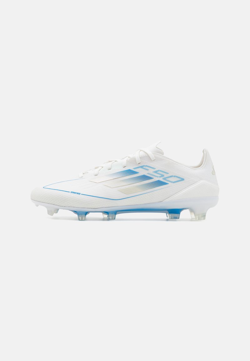 White soccer cleat with blue accents and striping, textured synthetic upper, lightweight design, and clear plastic studs for traction.