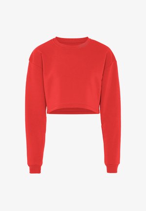 Czerwony skrócony sweatshirt z długimi rękawami, prążkowanym okrągłym dekoltem i miękką teksturą. Prosty design bez dodatkowych wzorów czy dodatków.