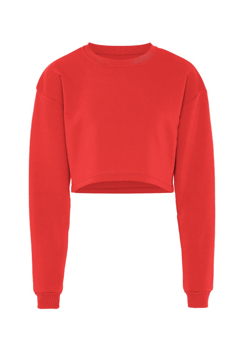 Felpa rossa corta con maniche lunghe, scollatura rotonda a costine e texture morbida. Design semplice senza motivi o accessori aggiuntivi.