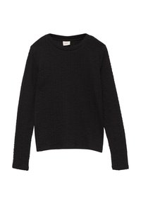 Zwarte lange mouw trui met een textuur rib gebreid ontwerp, ronde halslijn en een cropped snit. Zachte stof, minimalistische stijl.