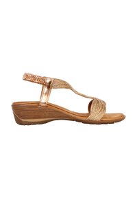 Vedge sandaler med en træsål, der har en fletning metallic rem i guldtoner og en tekstureret ankelrem for et sikkert fit.