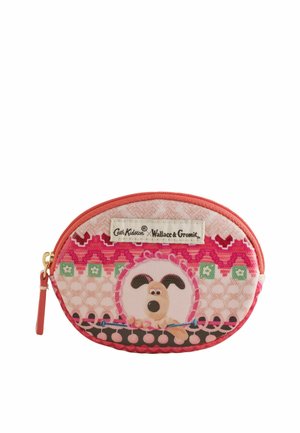 Lille lyserød mønstret pung med lynlås, med tegneseriehund fra Wallace & Gromit og mærkeetiket Cath Kidston x Wallace & Gromit.