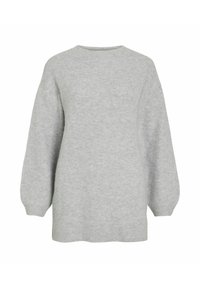 Gai pelēks ribots adīts džemperis ar garām piedurknēm, apaļu kaklu un nedaudz pārāk lielu piegriezumu.