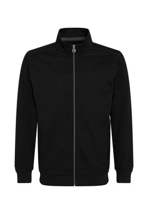 Giacca nera a zip completa con colletto alto, polsini e orlo a coste, pannello frontale texture e tasche laterali.