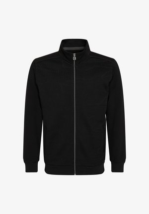 Giacca nera a zip completa con colletto alto, polsini e orlo a coste, pannello frontale texture e tasche laterali.