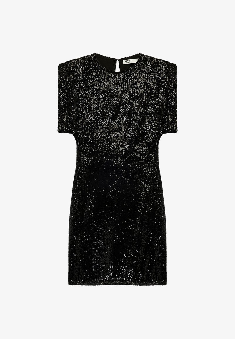 Svart klänning med korta ärmar, täckt av glittrande paljetter, med rund halsringning och en liten öppning bak med knappstängning.