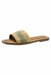 Vävd slide-sandal med en brunt läderfotbädd, med växlande gula och gröna ränder på ovansidan och en flätad kantdetalj.