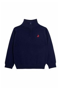 Maglione a maglia blu navy con collo, polsini e orlo a coste, dotato di una zip a quarto e un piccolo logo di una barchetta rossa sul petto.