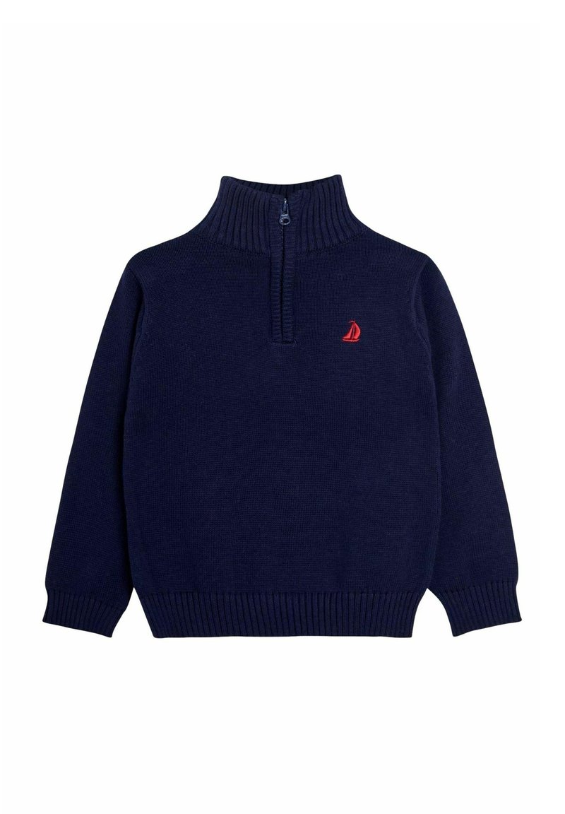 Maglione a maglia blu navy con collo, polsini e orlo a coste, dotato di una zip a quarto e un piccolo logo di una barchetta rossa sul petto.