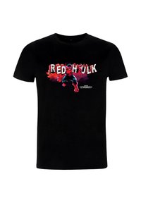 Camiseta de algodón negra con un gráfico colorido de Red Hulk. Texto "RED HULK" prominentemente exhibido en letras estilizadas.