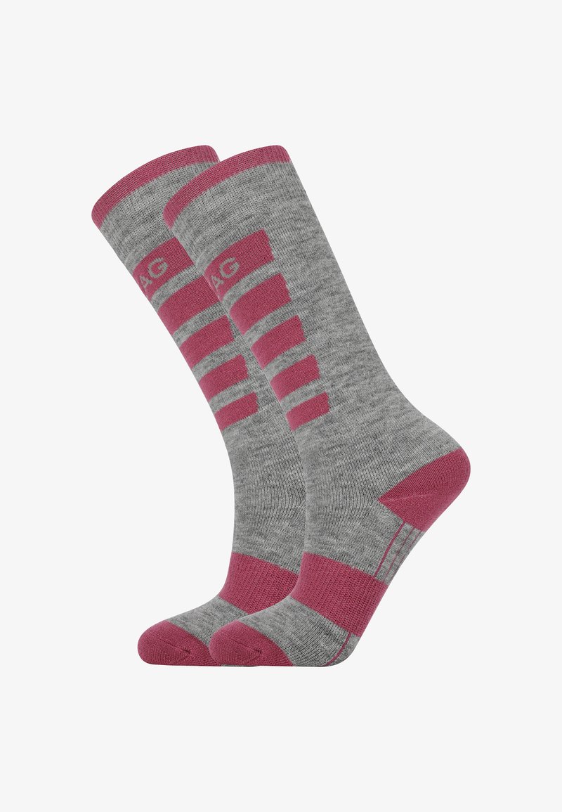 Graue Socken mit rosa Akzenten, einem gerippten oberen Teil und gestreiftem Design. Hergestellt aus weichem Material, mit verstärkten Fersen- und Zehenbereichen.