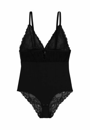 Body en dentelle noire avec bretelles ajustables, décolleté en V profond et fermetures à pression à l'entrejambe, présentant des bordures en dentelle florale.