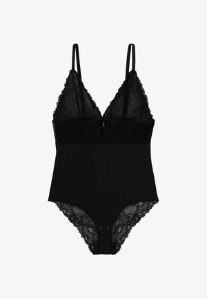 Body en dentelle noire avec bretelles ajustables, décolleté en V profond et fermetures à pression à l'entrejambe, présentant des bordures en dentelle florale.
